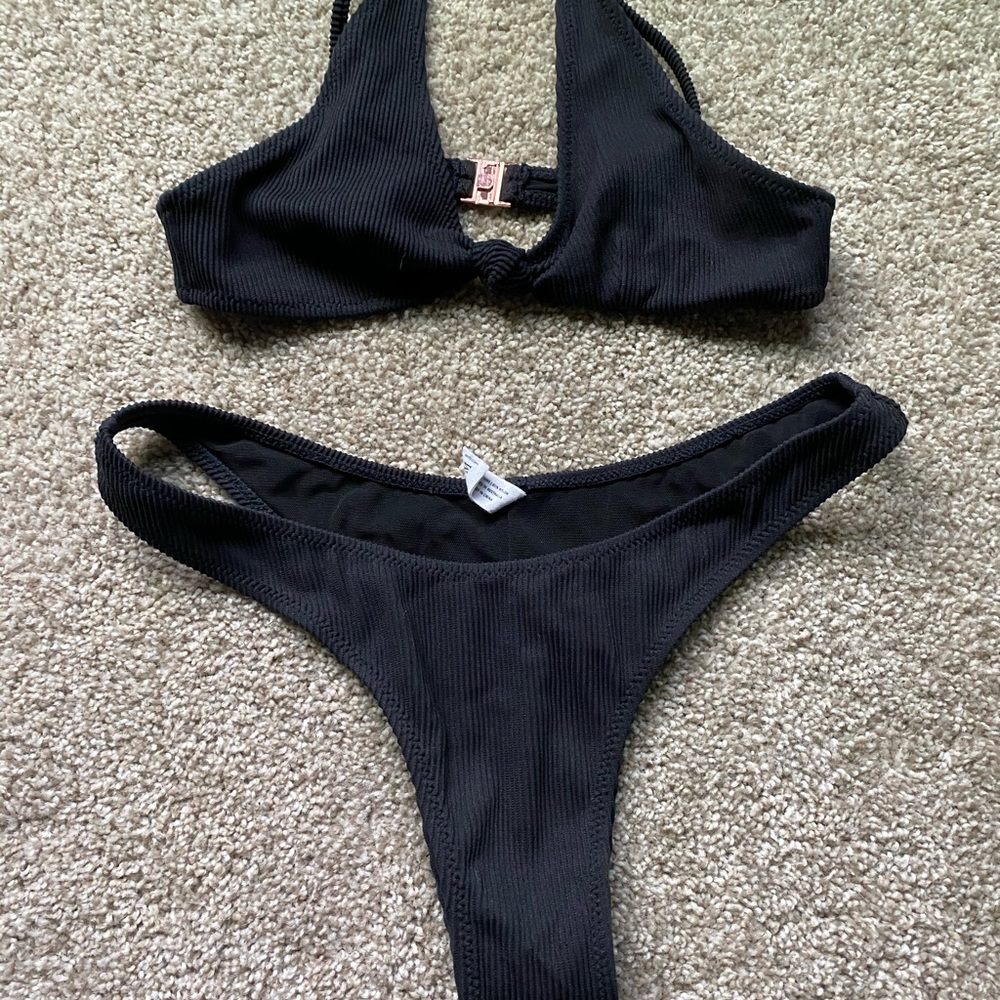 Black ribbed white fox boutique bikini